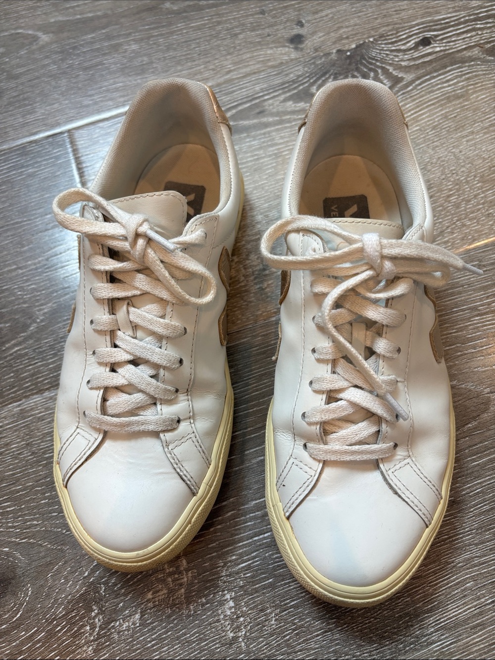 VEJA White Leather Sneakers with Gold Accents